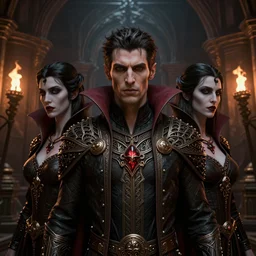 close portrait triple vampire, fantasy digital art, octane render, 5 4 s, dungeon background, torchlights, darkness, jesper ejsing, by greg rutkowski, high key lighting, volumetric light, digital art, highly detailed, fine detail, intricate, ornate, complex, octane render, unreal engine, photorealistic