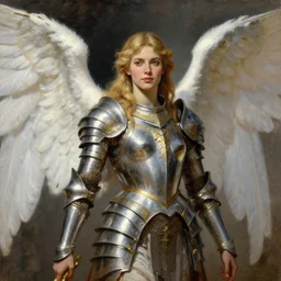 a beautiful female angel warrior , half body portrait, blond hair, ornate armour, realistic oil painting by Thomas Cole and Wayne Barlowe and Boris Valejo