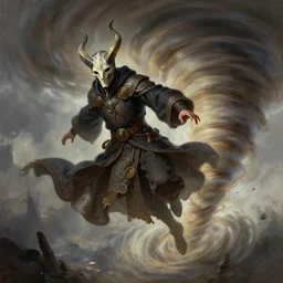 character concept art of wizard wearing horned mask flying inside a tornado, full body shot, fantasy painterly style, intricate details, artwork by ross tran, artgerm, eimbrodered clothing