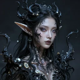 eerie asian female elf made of nacre, lovecraftian black smoky tentacles growing, octane rendering