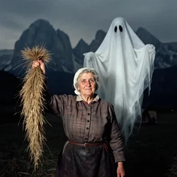 1 9 2 0 s spirit portrait photography of an old female farmer 1 9 5 4 8 turning into a krampus ghost with hay cloth in the dolomites, by william hope, dark, eerie, grainy