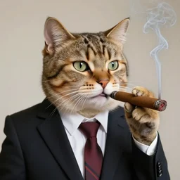 an antropomorphic cat wearing a suit smoking a cigar,