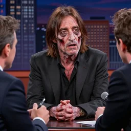Zombie John Lennon being interviewed by Conan on a talk show, realistic, hyperrealistic, very realistic, highly detailed, very detailed, extremely detailed, detailed, oil painting, digital art, trending on artstation, HD Quality