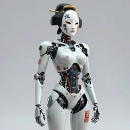 full body portrait of a highly advanced organic robot with a porcelain japanese geisha face mask with kanji tattoos and decals, japanese model, octane render, intricate details, ultra realistic