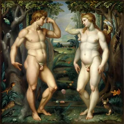 a realistic painting of adam and eve in the beautiful garden of eden, by michelangelo, amazing detail, smooth, elegant, intricate