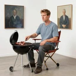 portrait of a morphed painter sitting in a chair at a bbq grill tending to meat, art by james jean and luc tuymans and vincent lefevre and hernan bas and pat steir and hilma af klint, psychological, dripping paint, high quality render, cg society contest winner, retrofuturism, masterpiece