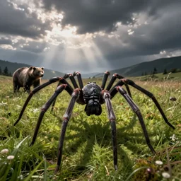 photo of a giant black spider arachnid in a meadow with a grizzly bear in the distance, spider legs large