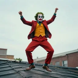 a joker wearing suspended trouser dancing on the roof, 8k, realistic
