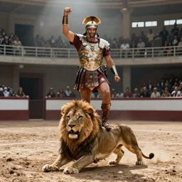 a victorious roman gladiator in the arena one feet on top of a defeated lion