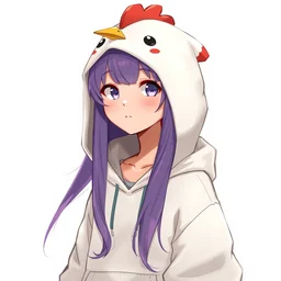 a girl with long purple hair wearing a chicken hoodie, digital art