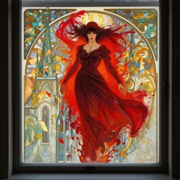 view through window! nosferatu, red splash aura in motion, church! floating pieces, painted art by tsuyoshi nagano, greg rutkowski, artgerm, alphonse mucha, spike painting