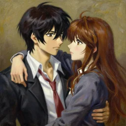 an oil painting of [ nagito komaeda and hajime hinata from danganronpa ], painted by [ pierre auguste cot ], very romantic, beautiful textures, dynamic lighting, couples painting, [ realistic and detailed ]