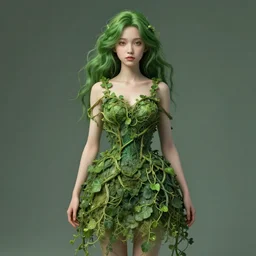 a girl with green hair, wearing a dress made of vines, ultra detailed, by Tomasz Alen Kopera and Peter Mohrbacher