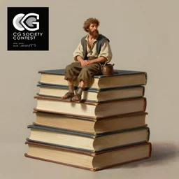 digital painting of a miniature male peasant sitting on top of a stack of huge books, a stock photo by oleg oprisco, cg society contest winner, academic art, extreme long shot, sigma 1 0 5 mm f 2., stockphoto, storybook illustration, artwork by wlop, artgerm
