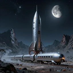 long organic alien weird David cronenberg rocket train mountain starry moonlit night sky H.R. Giger, Charles Vess, Gilbert Williams amazing wide landscape digital art 4k