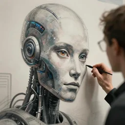 a stunning ultra detailed fantasy fine art photo of a robot from ex machina movie drawing on a wall, by tom bagshaw, wlop and artgerm, 2 4 mm lens, golden ratio composition, deep depth of field, perfect eyes and face, cyberpunk, soft lighting, artstation, 8 k