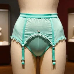 the film still photographed image is a vintage garter belts from the 1 9 4 0 s. the undergarment is inspired by teal mint cottagecore. it is displayed on a mannequin in a museum exhibit. vibrant cinematography, anamorphic lenses, upscale, hyper realistic photo, crisp, detailed image in 8 k resolution.
