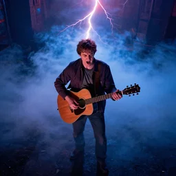 dwight schrute playing the acoustic guitar with a vengance and yelling, dramatic scene, heavy blue fog, red lightning, ultra wide angle, movie still, photorealistic, stranger things, netflix, upside - down, colorful lighting, grainy, aerial shot, shot from above, movie still