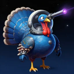 digital concept art of a blue turkey in space in by syd mead, wearing a space helmet, with laser cannon on it's forehead, high quality, artstation