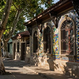 tree-lined street in a very old very beautiful city by Gustav Bauernfeind and Nicholas Roerich, ornate wrought iron, strong dramatic cinematic lighting , colorful tiled architecture, lost civilizations, smooth, sharp focus, extremely detailed