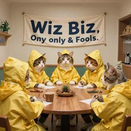 a meeting of cat wizards dressed in yellow raincoats. A banner that reads Wiz Biz only, Fools adorns the back wall. Hypermaximalistic, hyper detailed 4k resolution photo realistic