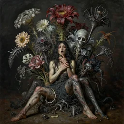 a cinematic masterpiece still life painting of a colossal gothic flowers of grief, sorrow, misery and despair, exotic alien flora, steel metal and spikes, by Alex Grey, by Wayne Barlowe, by Tim Hildebrandt, by Bruce Pennington, by Zdzisław Beksiński, by Caravaggio, oil on canvas, masterpiece, trending on artstation, featured on pixiv, cinematic composition, astrophotography, dramatic pose, beautiful lighting, sharp, details, details, details, hyper-detailed, no frames, HD, HDR, 4K, 8K
