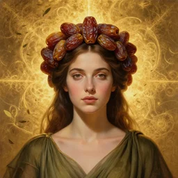 epic painting of beautiful goddess body in olive dress with brown hair, golden glowing high quality luxurious background, close up portrait, crown made of sweet dried dates fruits, medjool dates, dried dates, photography by amy leibowitz, medjool dates wlop, jeremy lipkin, beeple, intricate golden fractals, tea leaves flying in the sky, symmetrical front portrait