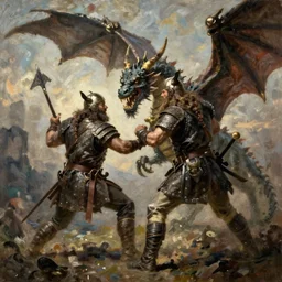 Viking fighting a dragon, oil painting, master piece