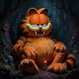 sleep paralysis demon in the form of Garfield the Cat with huge fangs, nightmarish, artwork by Zdzisław Beksiński