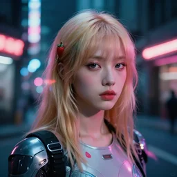 A hyper realistic and detailed head portrait photography of futuristic strawberry-blonde youthful female in futuristic clothing on a futuristic street. by Annie Leibovitz. Neo noir style. Cinematic. neon lights glow in the background. Cinestill 800T film. Lens flare. Helios 44m