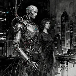 a cyberpunk, wires, machines, in a dark future city by jeremy mann, francis bacon and agnes cecile, ink drips, paint smears, digital glitches glitchart