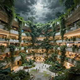Overgrown mall, epic scale, dramatic lighting, Alex Grey