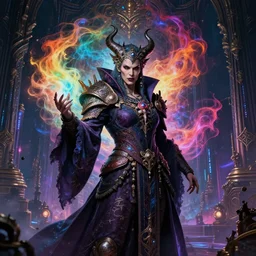 high fashion, beautiful mid body portrait of a middle aged, evil powerful wizard mage, intricate colorful cosmic rainbow uncontrollable smoke magic, skyrim, baroque gothic oriental eastern cyberpunk city vista, concept art, artstation, style of artgerm