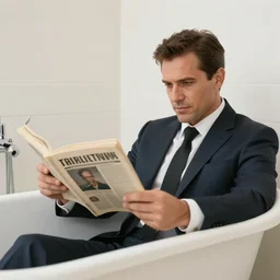 man wearing suit taking a bath while reading a journal