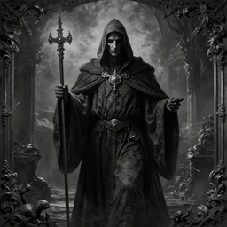 a powerful necromancer, who's face is covered in shadow | greyscale color | baroque art |