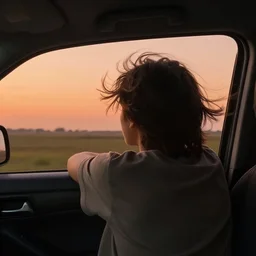 a cinematic shot of a grown boy from behind his back looking out of his car window from the passanger seaf and his long hair flowing due to the wind, sky is orangish outside, the shot carries least segments from inside the car