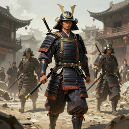 detailed ultra - realistic graphic novel illustration of patrolling samurai and warrior, desolated city district, ancient china, by famous digital artists, cinematic, full shot