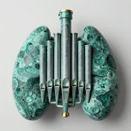 an airbrushed organ with pipes shaped like human larynxes made from malachite