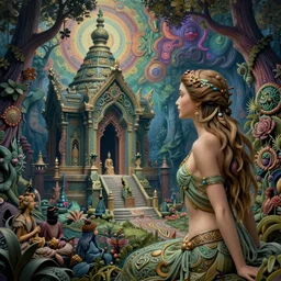 a beautiful and highly detailed matte painting of a sexy nymph looking at an elven temple in a mystical forest, psychedelic, celtic, intricate details, epic scale, insanely complex, 8 k, sharp focus, photorealism, artstation, cgsociety, by caspar friedrich, albert bierstadt, james gurney, brian froud,
