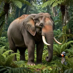 elephant surrounded by ferns, jungle, highly detailed, unreal engine render concept art, style of henri rousseau and richard scarry and hiroshi yoshida
