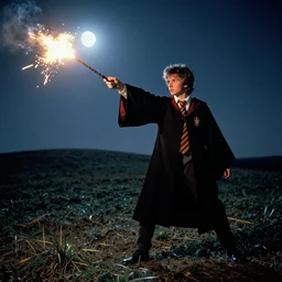 a young adult wizard with very detailed face, hair clothes and shoes points their wand fiercely from which a blast of bright magic flies from the end of the wand, on an empty moonlit hill, dramatic lighting, lens flare, 3 5 mm full frame professional photography, kodachrome