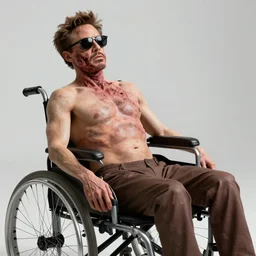 robert downey jr with dark sunglasses, rotting facial flesh, inanimate corpse in a wheelchair, weekend at bernie's, bernie goes to vegas, movie poster