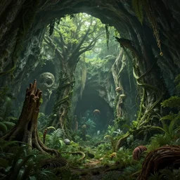 overgrown deep underground cave on an exotic alien planet with a lush jungle archway of insectile trees, vines, decayed stumps, crustacean - like weeds, stalactites, by ian miller, rodney matthews and artstation, octane, ue 5, photorealistic rende