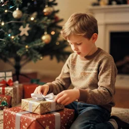an analog photo of young boy opening his presents on christmas morning in 1 9 8 4, warm lighting, lightroom filter, dreamy, nostalgia