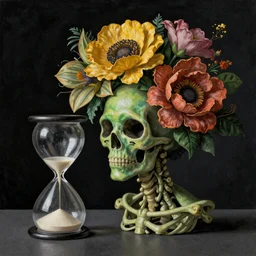 a head made out of surreal alien flowers, green skin, skeletal, vanitas, in the style of a dutch still life, large graphic organic shapes, in a crystalline hourglass