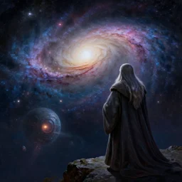 a beautiful painting of gandalf watching the andromeda spiral galaxy in the sky of an alien world, ray traced lighting by jean kalin popov and greg rutkowski