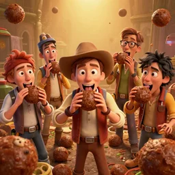 the goonies but they just eat meatballs everywhere, Greg Rutkowski, Darek Zabrocki, Karlkka, Jayison Devadas, Phuoc Quan, trending on Artstation, 8K, ultra wide angle, pincushion lens effect.