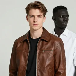 a man in a brown leather jacket and a black man in a white shirt. in the style of of true detective fanfare. art by tomasz alen kopera and glenn fabry.
