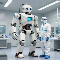 man wearing hazmat suit in cleanroom large 3D printing humanoid plastic robot. by Roger Deakins
