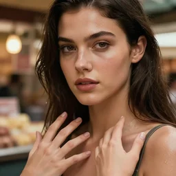 epic masterpiece gossip girl on the market, sweaty skin, hyperrealistic, octane render, cinematic, beautiful face and flawless skin, perfect hands, 5 fingers,  by Edgar Maxence and Ross Tran and Michael Whelan, Legends of Runeterra